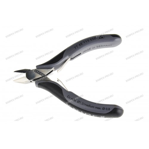 Кусачки, Knipex 77 42 11 5ESD, для электроники, полированные, двухкомпонентные чехлы, антистатические ESD, 115 mm, KN-7742115ESD
