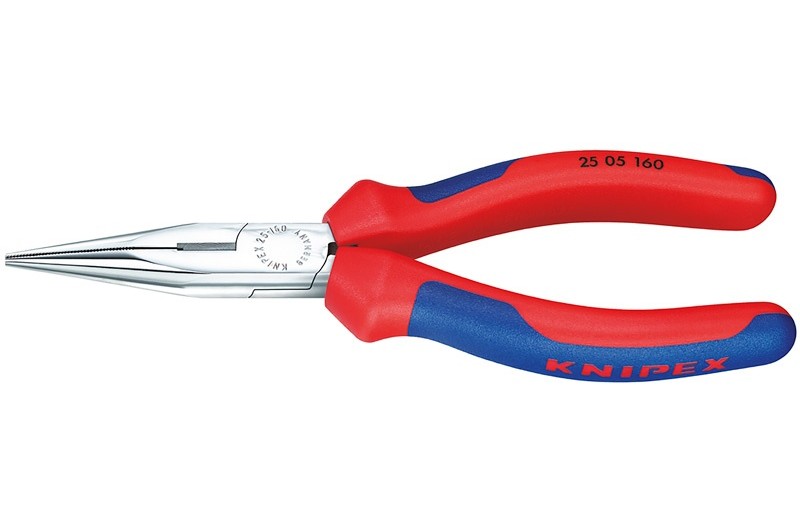 Длинногубцы Knipex 25 05 160, с плоскими губками и режушими кромками, хромированные, двухкомпонентные чехлы, 160mm, KN-2505160