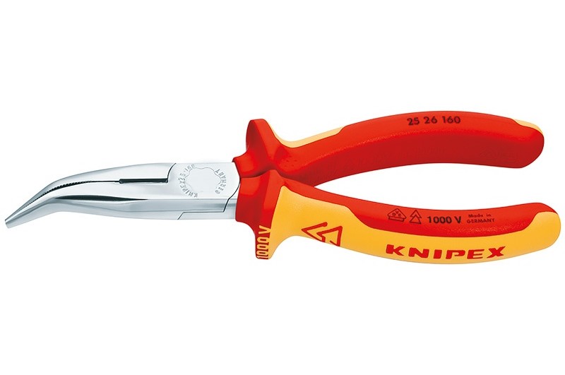 Длинногубцы Knipex 25 26 160, диэлектрические VDE 1000V, с режушими кромками, изогнутые ∡40°, хромированные, 160mm, KN-2526160