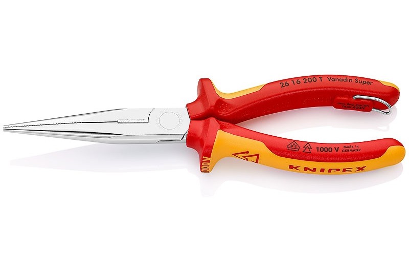 Длинногубцы Knipex 26 16 20 0T, диэлектрические VDE 1000V, с режушими кромками, хромированные, со страховочной петлёй, 200mm, KN-2616200T