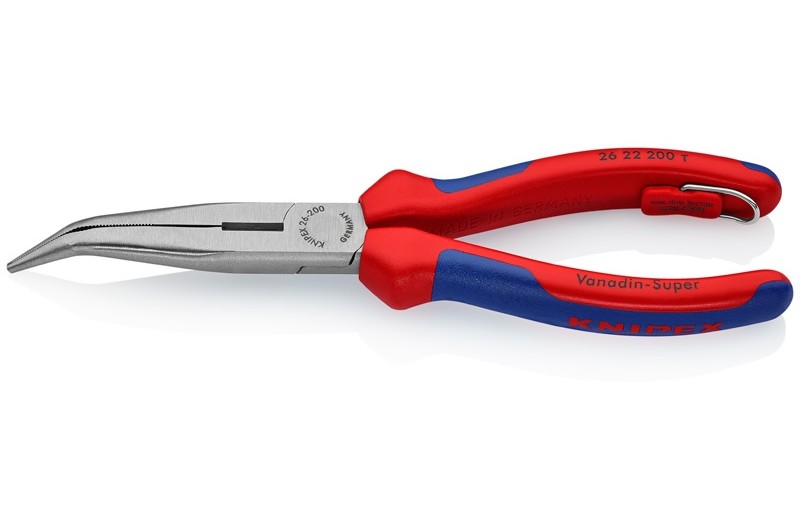 Длинногубцы Knipex 26 22 20 0T, с режушими кромками, изогнутые ∡40°, хромированные, со страховочной петлёй, 200mm, KN-2622200T