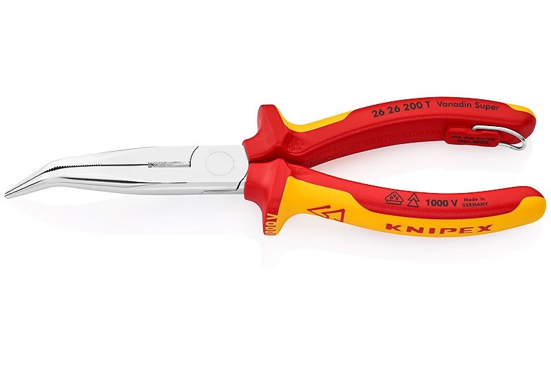 Длинногубцы Knipex 26 26 20 0T, с режушими кромками, изогнутые ∡40°, хромированные, со страховочной петлёй, 200mm, KN-2626200T