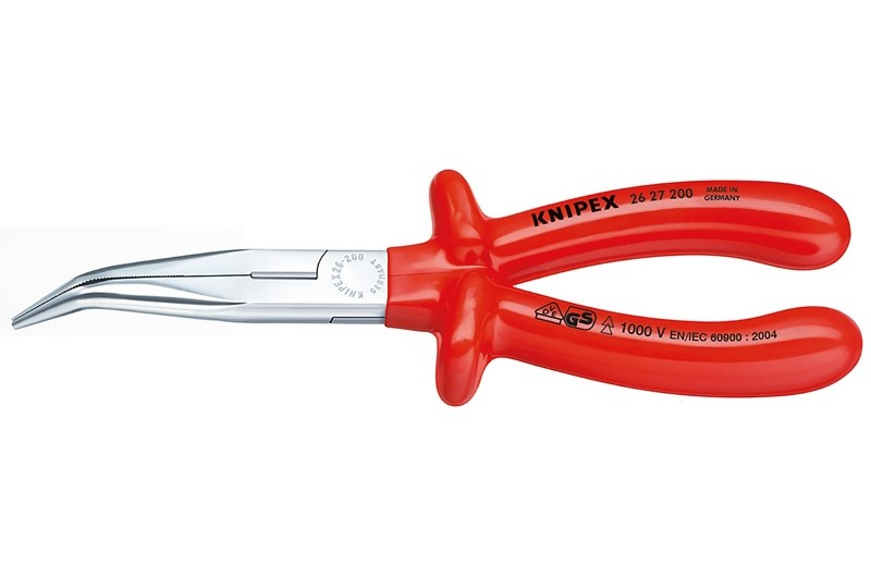 Длинногубцы Knipex 26 27 200, диэлектрические VDE 1000V, с режушими кромками, изогнутые ∡40°, хромированные, 200mm, KN-2627200