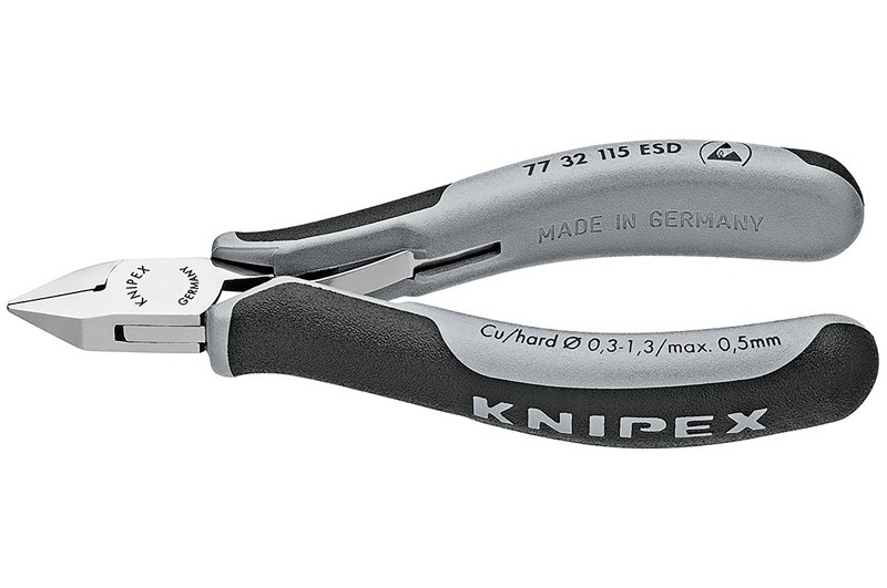 Кусачки, Knipex 77 32 11 5ESD, для электроники, коробчатый шарнир, полированные, двухкомпонентные чехлы, 115 mm, KN-7732115ESD Кусачки, Knipex 77 32 11 5ESD, для электроники, коробчатый шарнир, полированные, двухкомпонентные чехлы, 115 mm, KN-7732115ESD